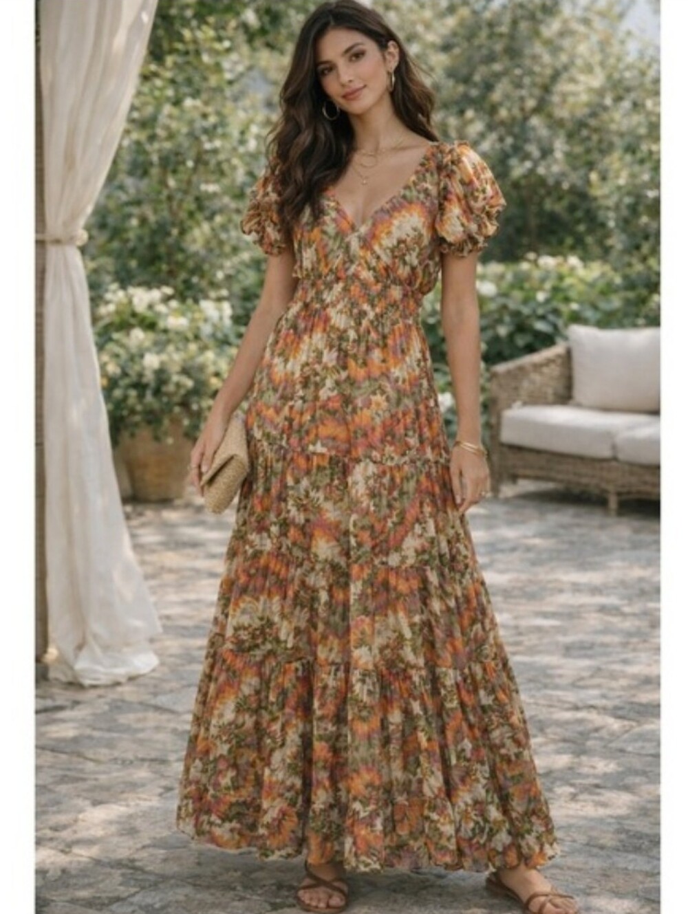 Caroline Constas Floral Maxi‎ Dress in Rust, Olive & Cream